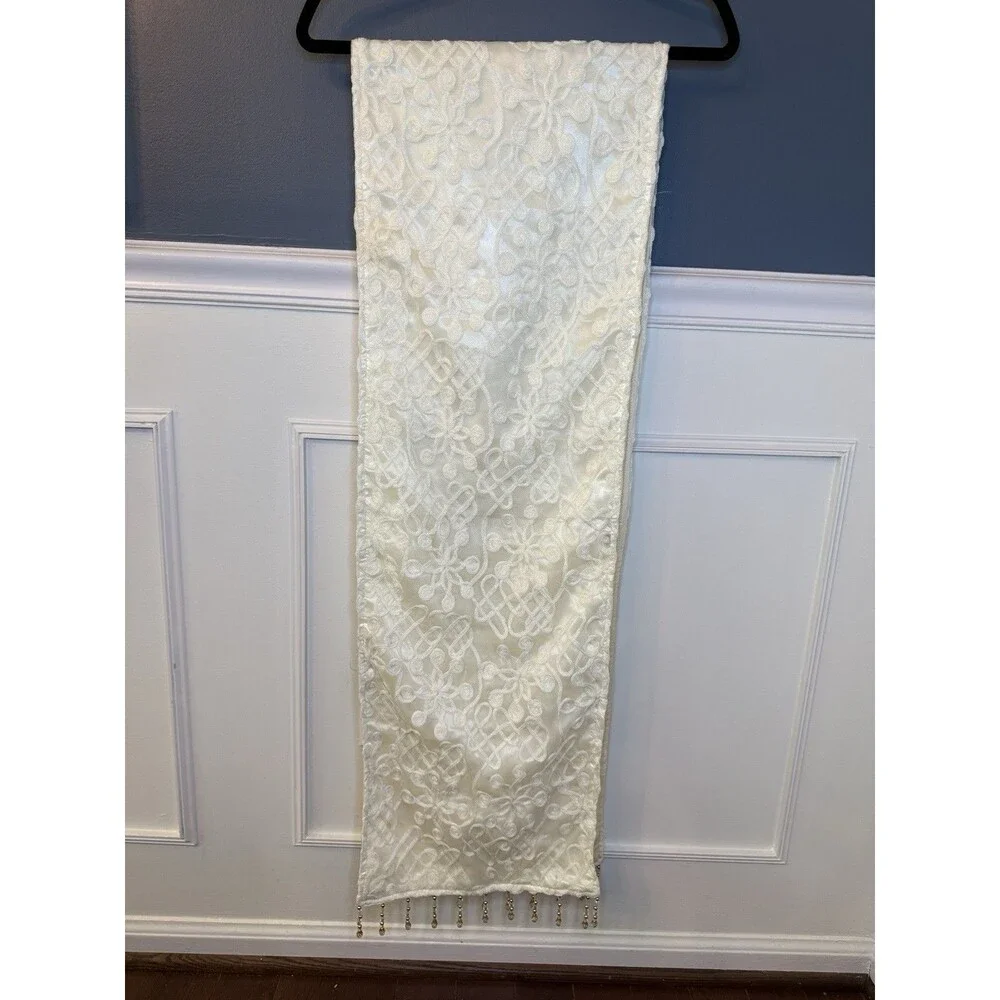 Ivory Cream Embroidered Lace Table Runner 80” x 12” Gold Crystal Bead Fringe
